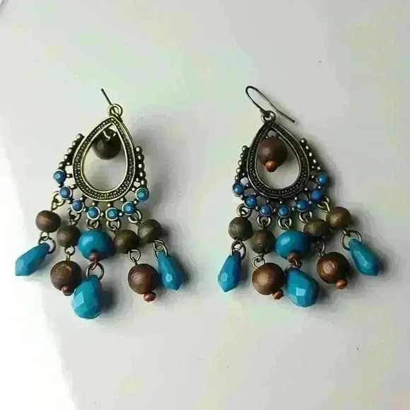 Vintage beads drop earrings  chandelier style blue/ brown beads  brass tone - Picture 1 of 12